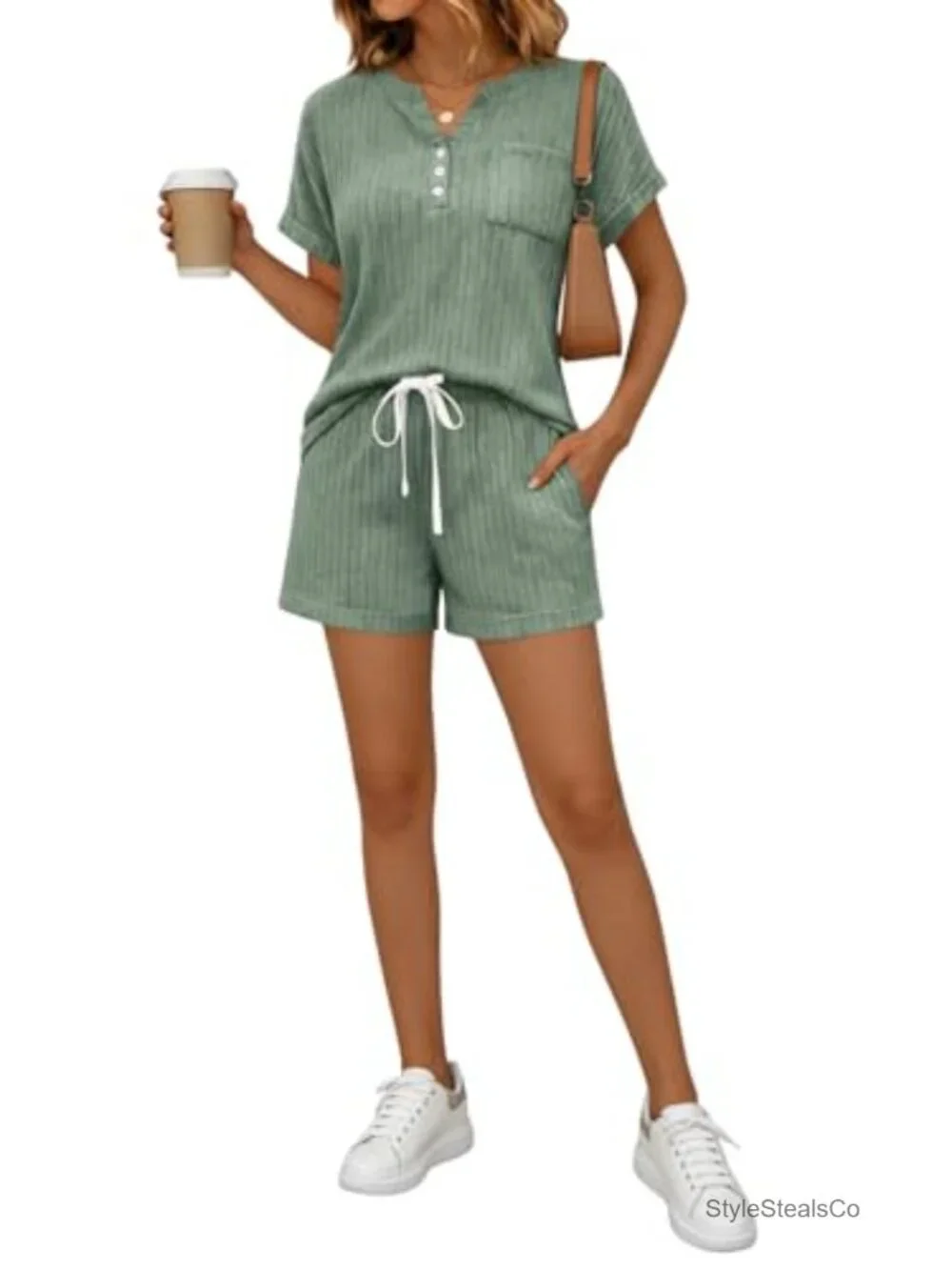 2 Piece Short Sleeve Henley Shorts Set Lounge Sweatsuit with Pockets